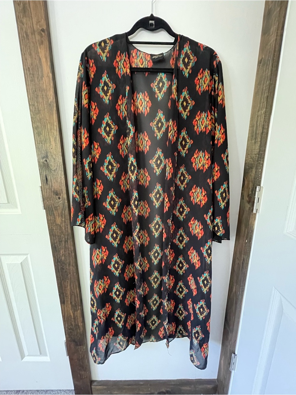 audrey Black Long-Sleeve Kimono with Orange & Yellow Aztec Print